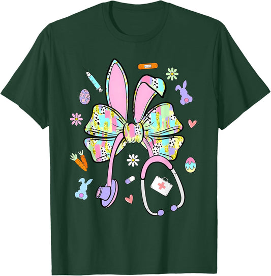 Nurse Stethoscope Funny Bunny Rabbit Easter Coquette Bow T-Shirt - T-Shirt | Forest