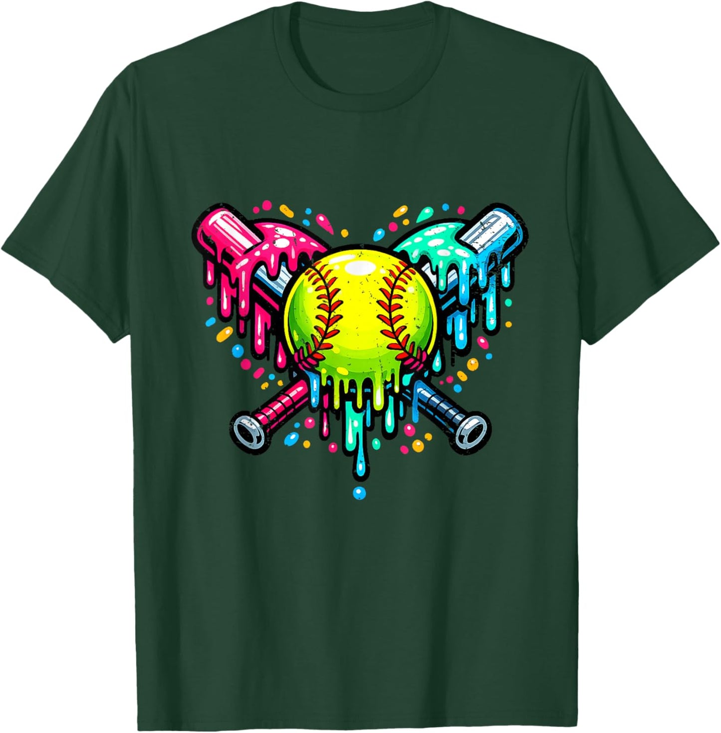 Neon Drip Softball Crossed Bats Graphic T-Shirt - T-Shirt | Forest