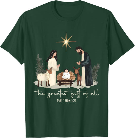 Retro The Greatest Gift of All Jesus Nativity Christian Xmas T-Shirt - T-Shirt | Forest