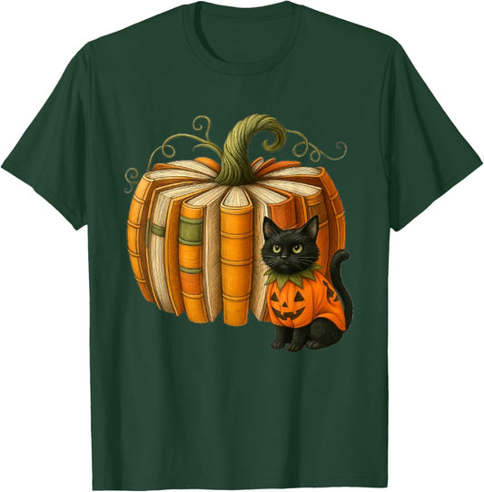 Cute Halloween Black Cat Wizard with Books Pumpkin Halloween T-Shirt - T-Shirt | Forest