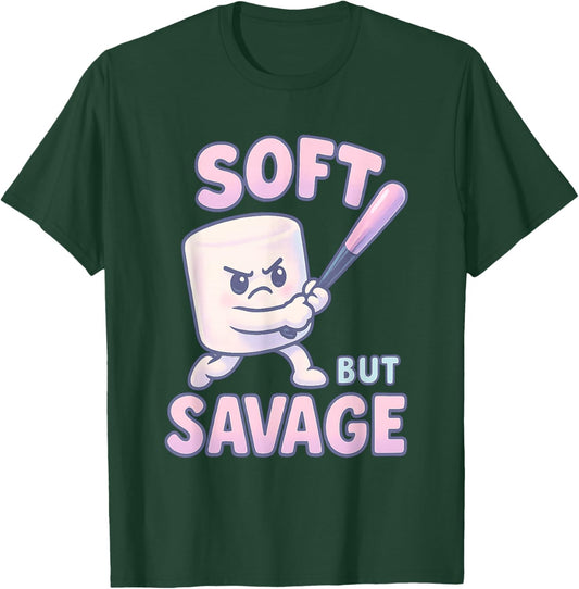 Marshmallow Baseball Slugger Softball Gifts Soft But Savage T-Shirt - T-Shirt | Forest