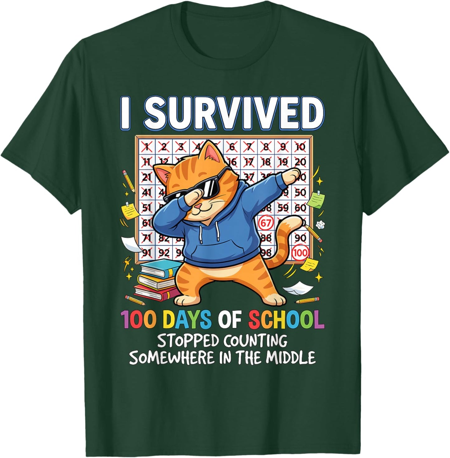 I Survived 100 Days of School Funny Dabbing Cat Student Cool T-Shirt - T-Shirt | Forest