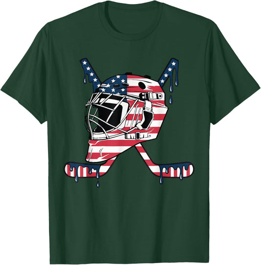 Goalie Helmet Hockey Icecream Drip American Flag T-Shirt - T-Shirt | Forest