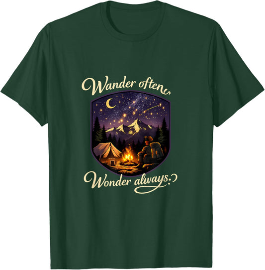 Wander Often Wonder Always Camping Mountain Badge T-Shirt - T-Shirt | Forest