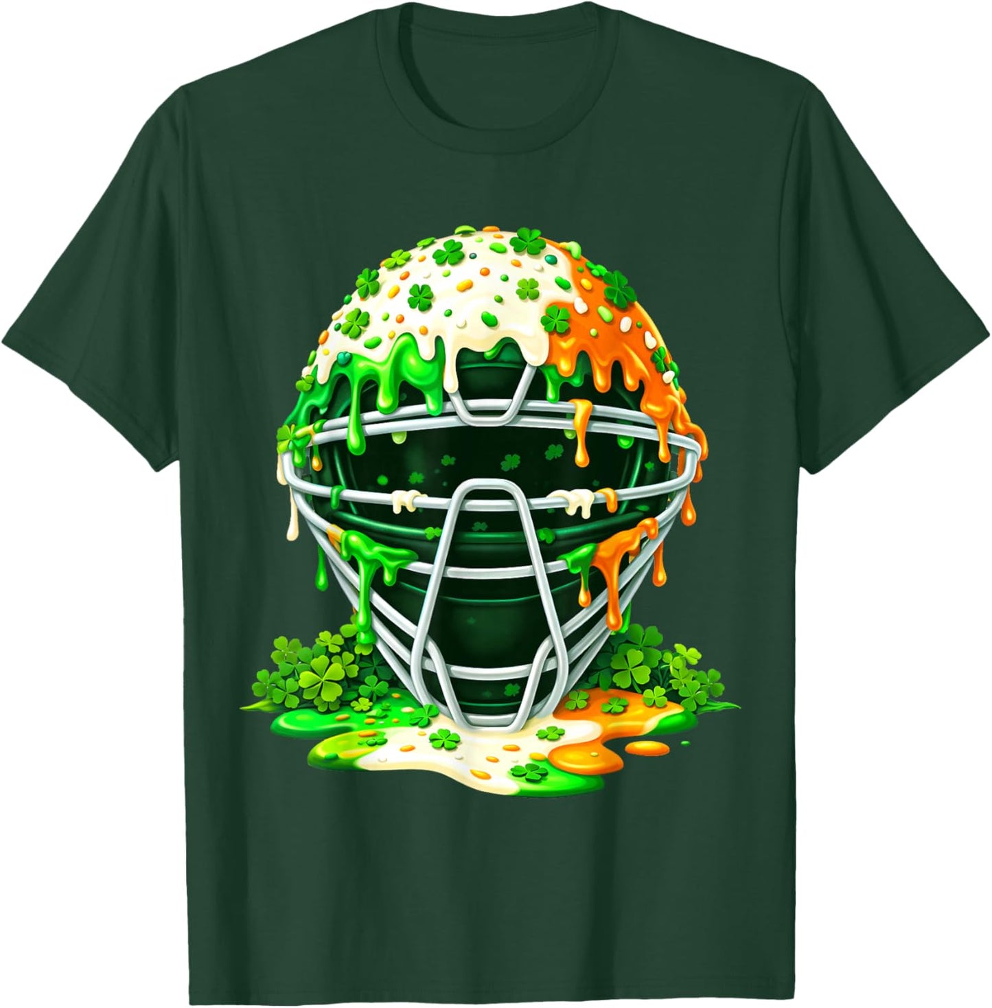 St Patricks Day Baseball Catcher Mask Drip Ice Cream Clover T-Shirt - T-Shirt | Forest