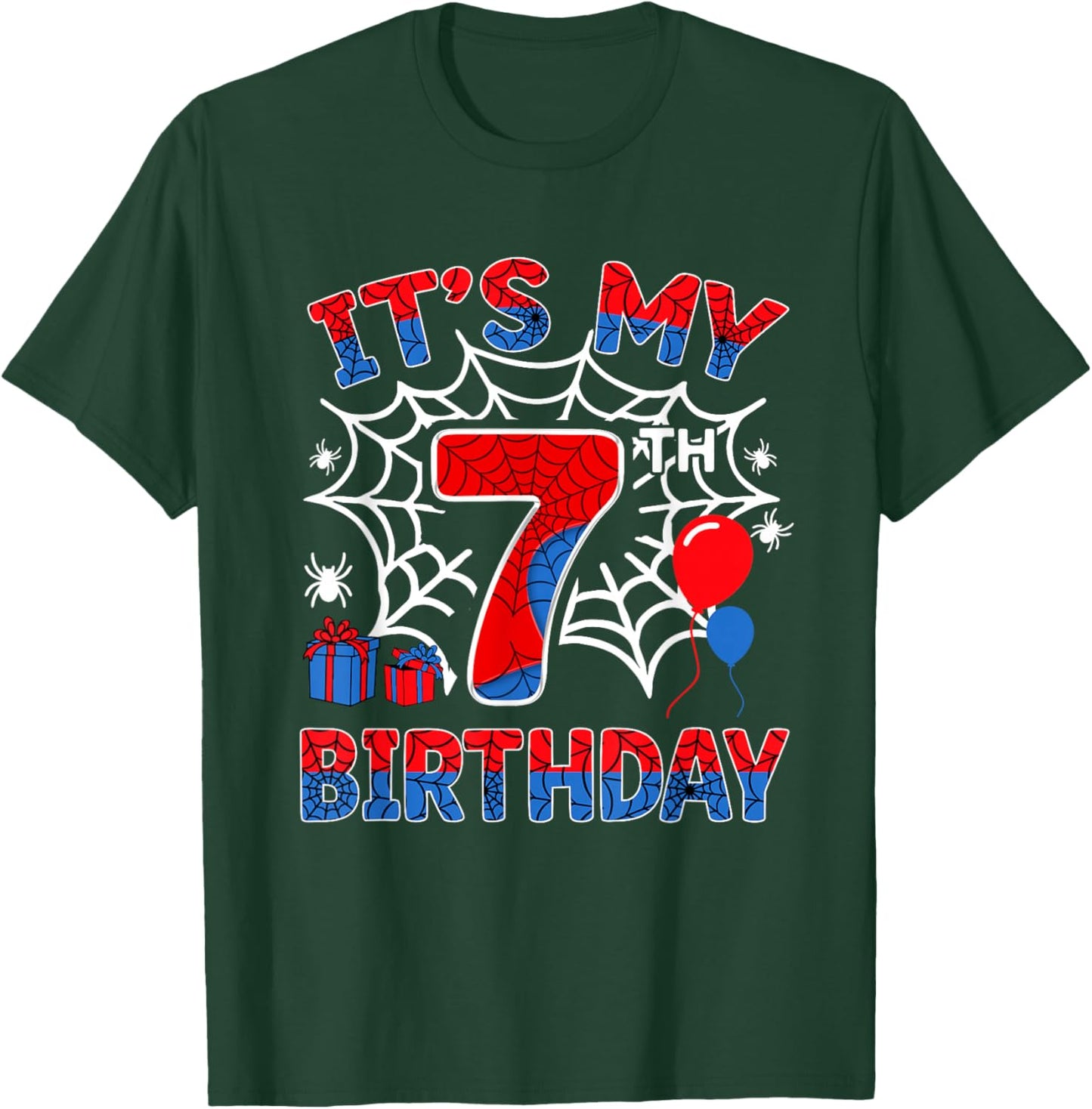 Its My 7th Birthday Boy 7 Year Old Spider Web Birthday Party T-Shirt - T-Shirt | Forest