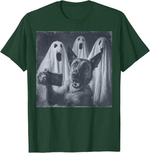 Funny Belgian Malinois Selfie Halloween Ghost Retro T-Shirt - T-Shirt | Forest