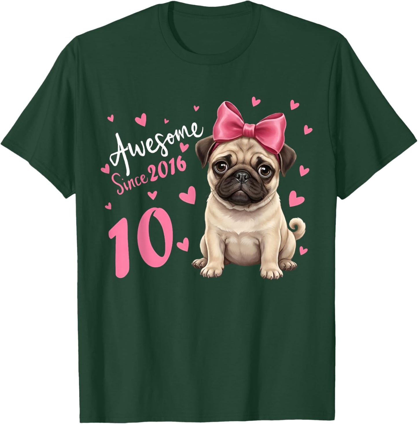 Girls 10 Years Old Pug Birthday Girl 10th Party Dog Birthday T-Shirt - T-Shirt | Forest