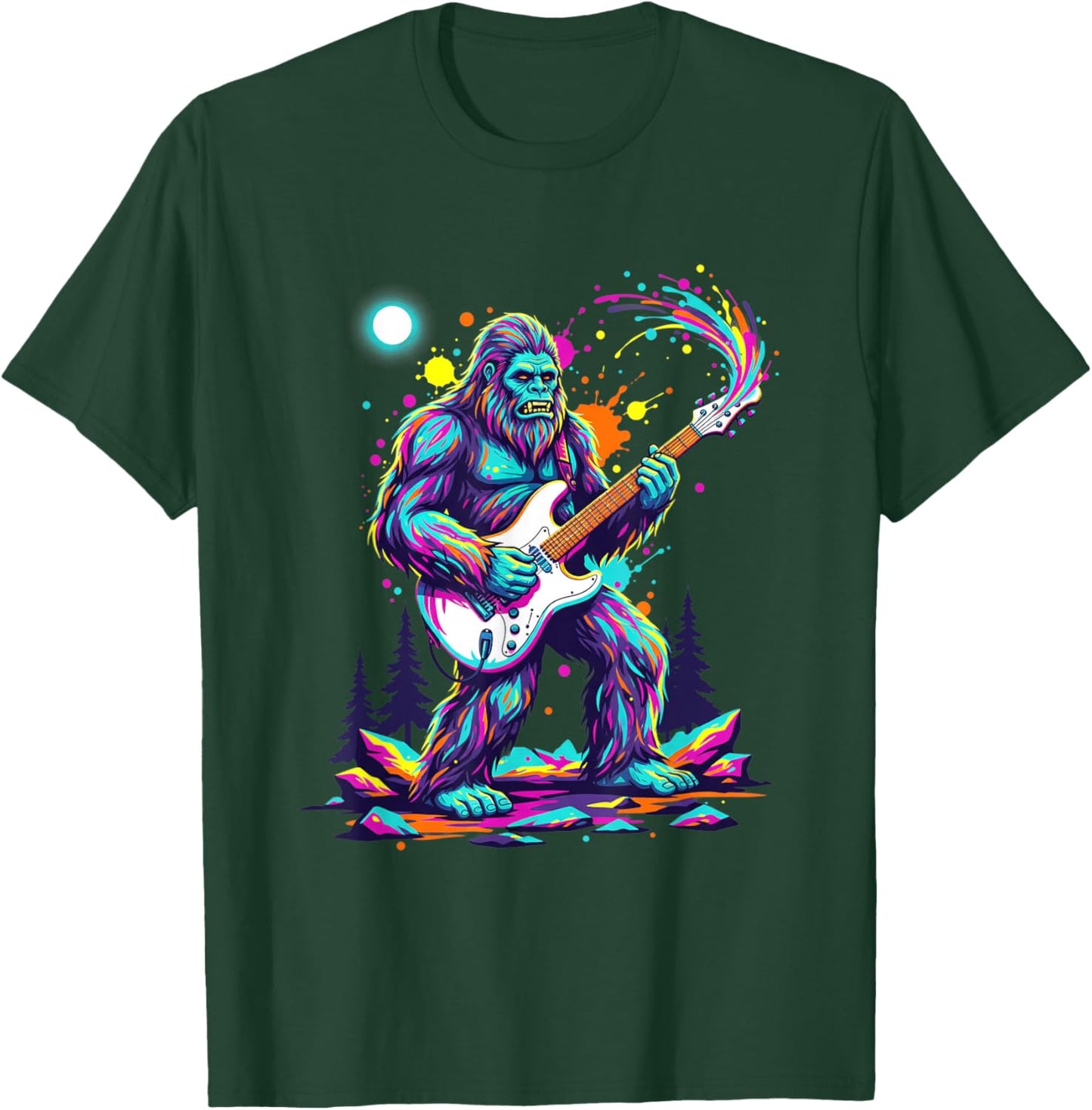 Sasquatch Playing Guitar Rock Concert Monster Art T-Shirt - T-Shirt | Forest