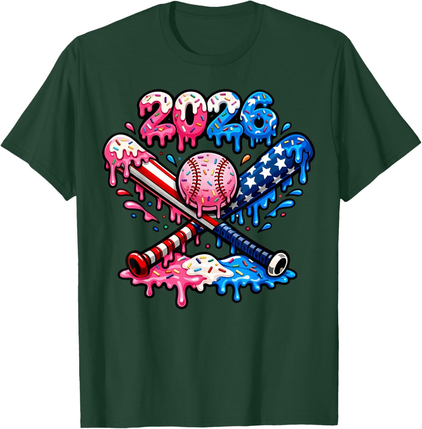 Funny 2026 American Flag Baseball Ice Cream Drip Bats Boys T-Shirt - T-Shirt | Forest