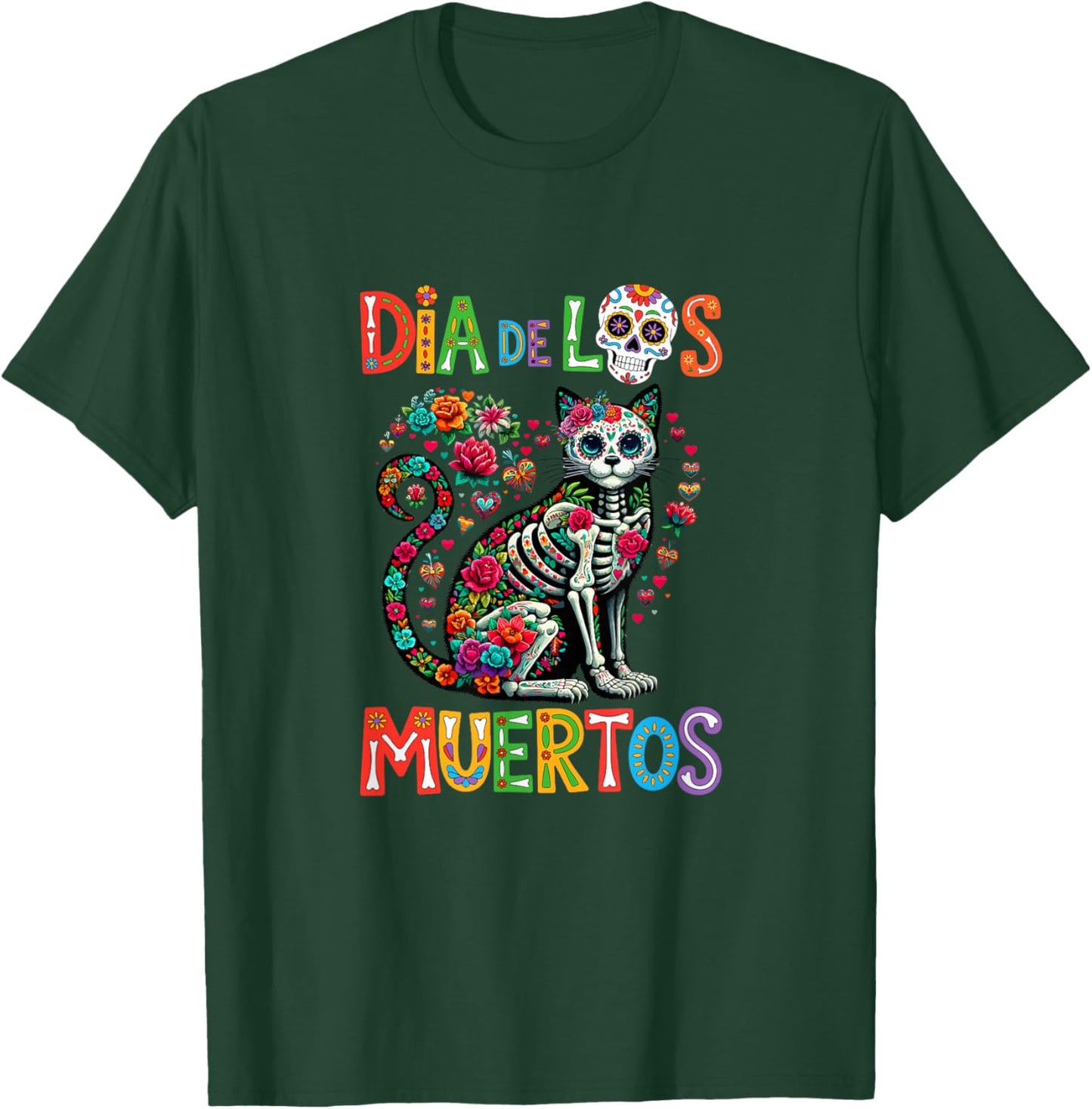 Dia De Los Muertos Mexican Colorful Floral Skeleton Cat T-Shirt - T-Shirt | Forest
