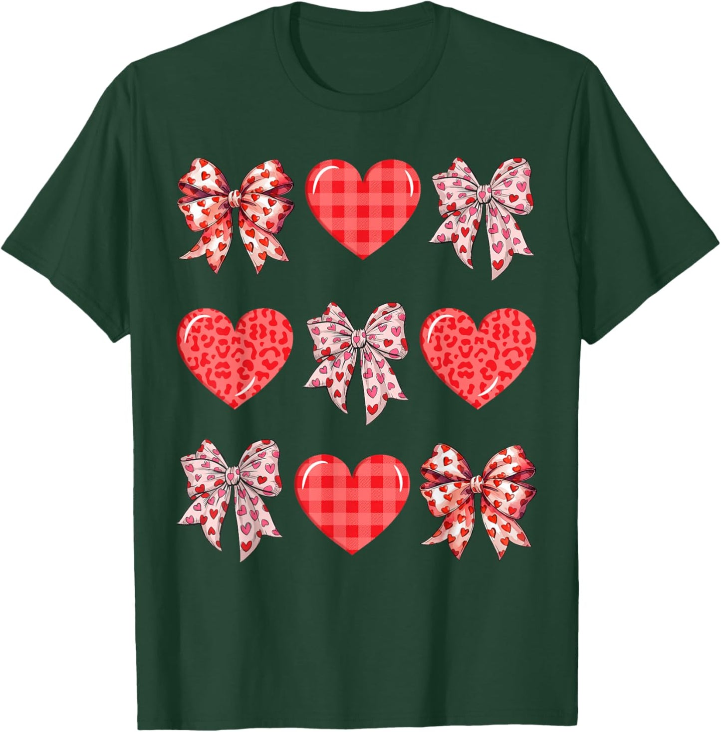 Valentine Day Hearts Leopard Coquette Bow Women Girls Boys T-Shirt - T-Shirt | Forest