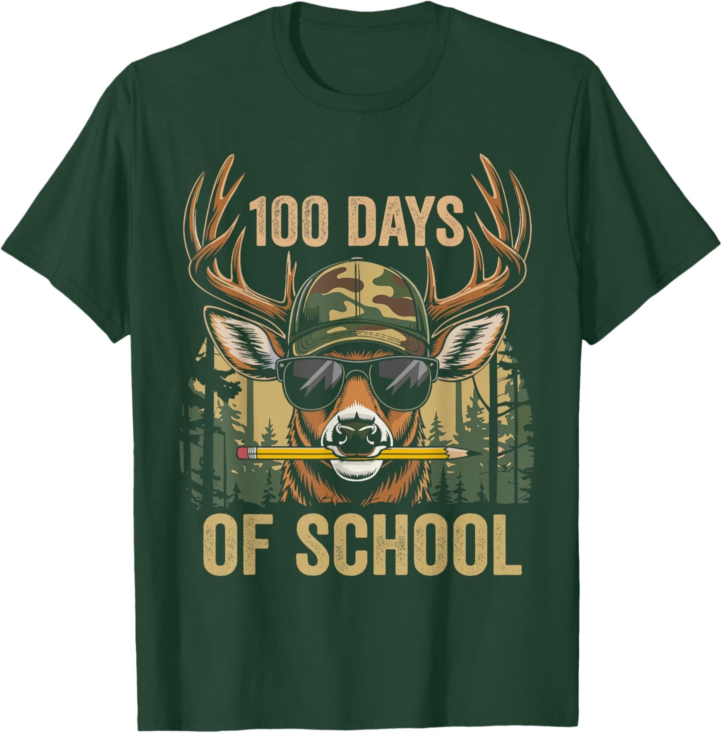 Funny Bucked 100 Day of School Camo Deer Outdoor Student Boy T-Shirt - T-Shirt | Forest