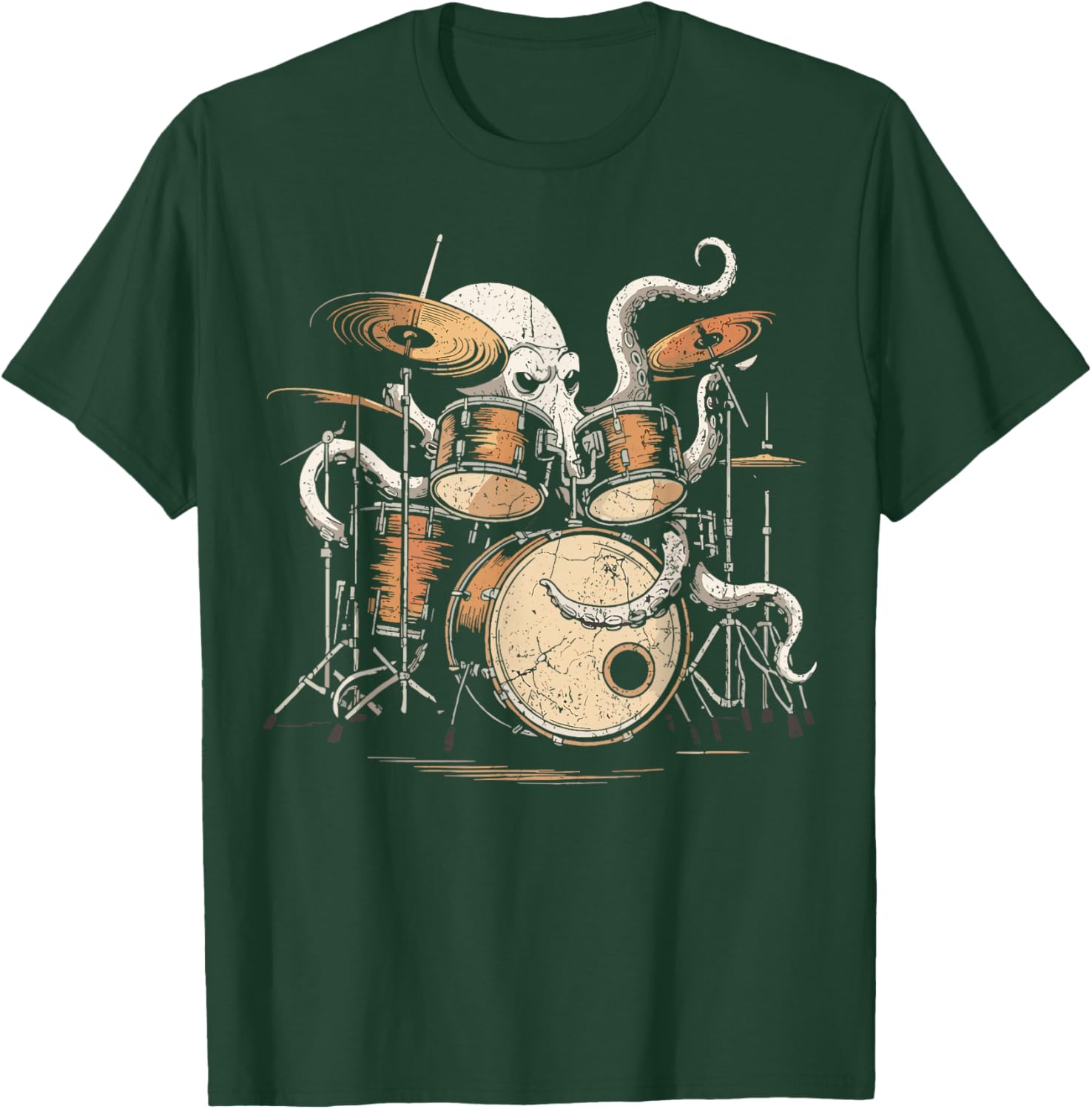 Octopus Playing Drums Retro Rock Drummer T-Shirt - T-Shirt | Forest