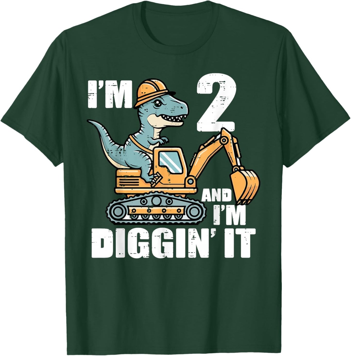 Im 2 and Diggin It Dino Excavator 2nd Birthday Trex Boys Kid T-Shirt - T-Shirt | Forest