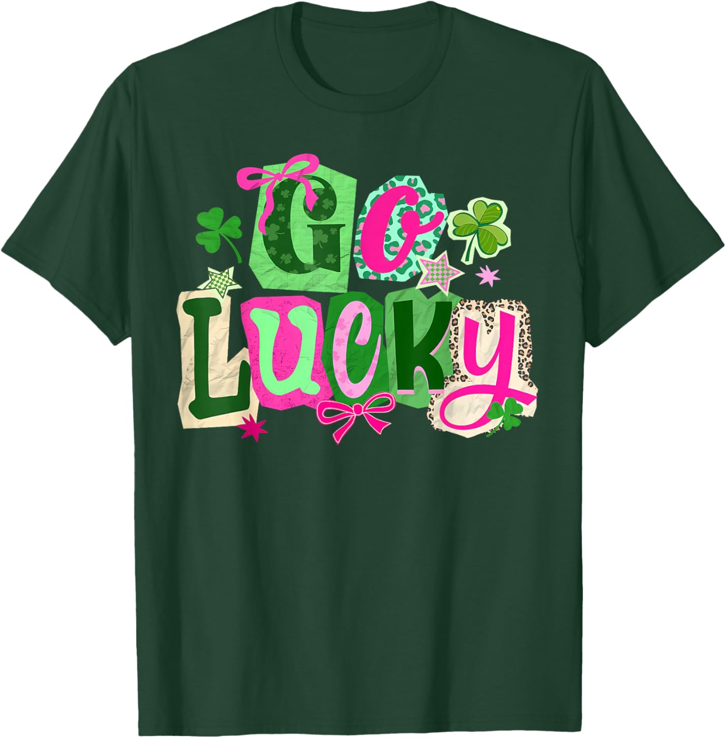Preppy Happy Go Lucky Coquette Bow Shamrock St Patricks Day T-Shirt - T-Shirt | Forest