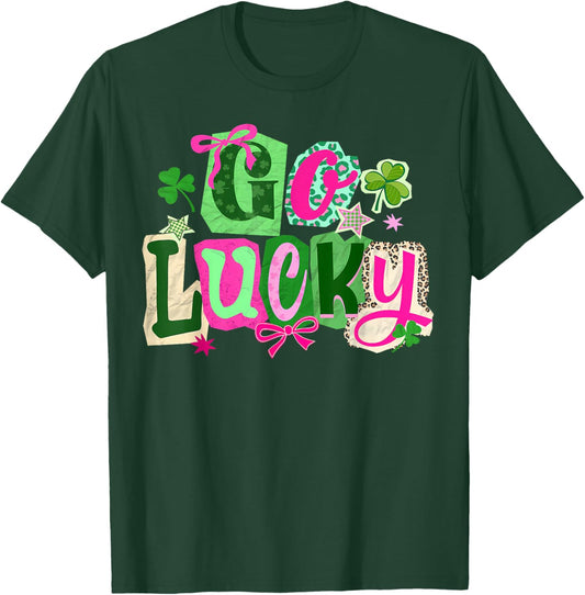Preppy Happy Go Lucky Coquette Bow Shamrock St Patricks Day T-Shirt - T-Shirt | Forest