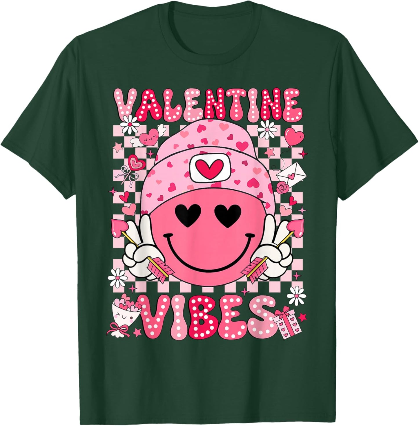 Valentine Vibes Groovy Smile Face Valentines Day Men Women T-Shirt - T-Shirt | Forest