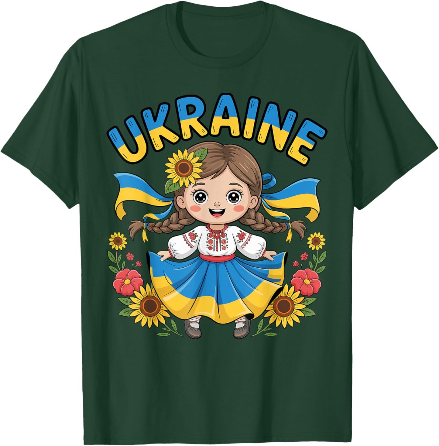 Cute Ukraine Girl Traditional Outfit with Sunflowers Kids T-Shirt - T-Shirt | Forest