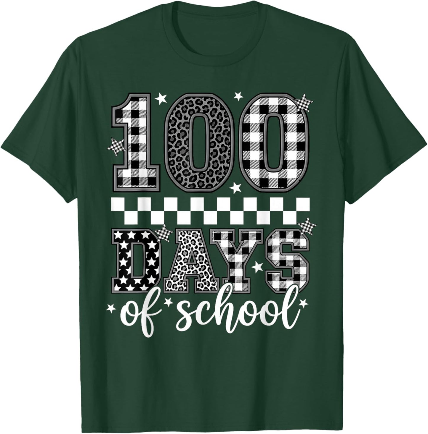 Black White Checkered Leopard 100 Days of School Teacher Kid T-Shirt - T-Shirt | Forest