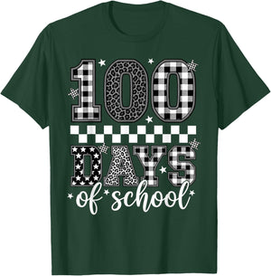 Black White Checkered Leopard 100 Days of School Teacher Kid T-Shirt - T-Shirt | Forest