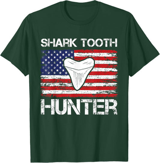 Shark Teeth Hunter Sharks Tooth Patriotic USA Flag Men Women T-Shirt - T-Shirt | Forest