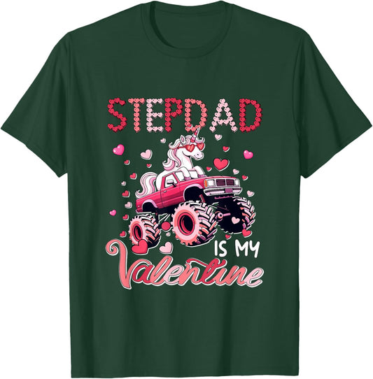 Stepdad is My Valentine Unicorn Sunglasses On Monster Truck T-Shirt - T-Shirt | Forest
