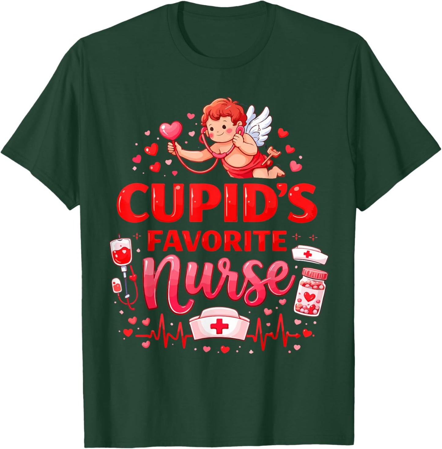 Women's Valentine Cupid’s Favorite Nurse ER Heart Girl Women T-Shirt - T-Shirt | Forest