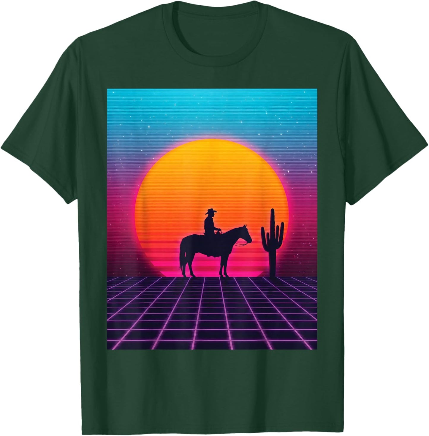 Synthwave Cowboy Retrowave 80s Western Horse Desert Sunset T-Shirt - T-Shirt | Forest