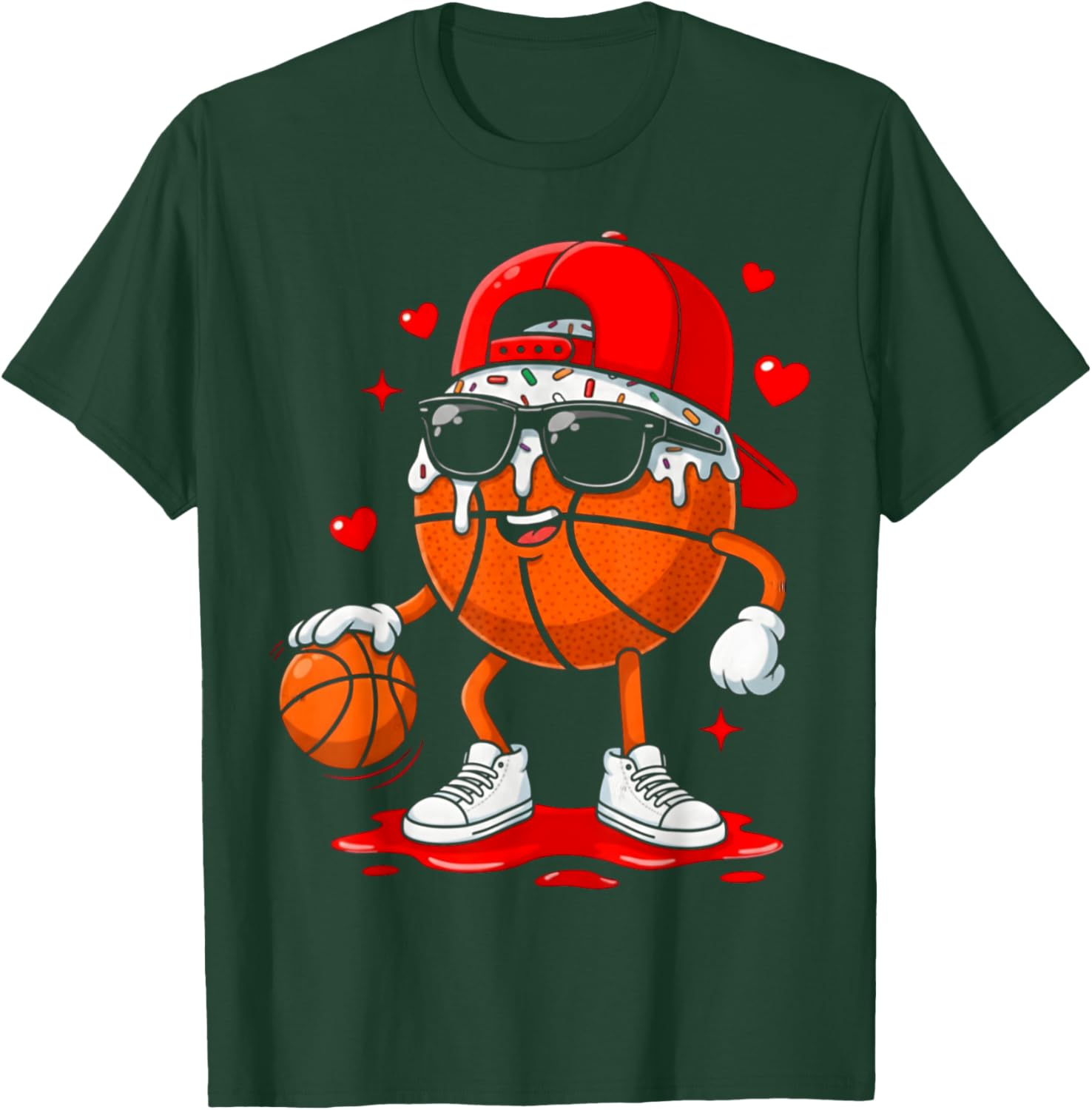 Basketball Drip Ice Cream Sunglasses Boys Kids Valentine T-Shirt - T-Shirt | Forest