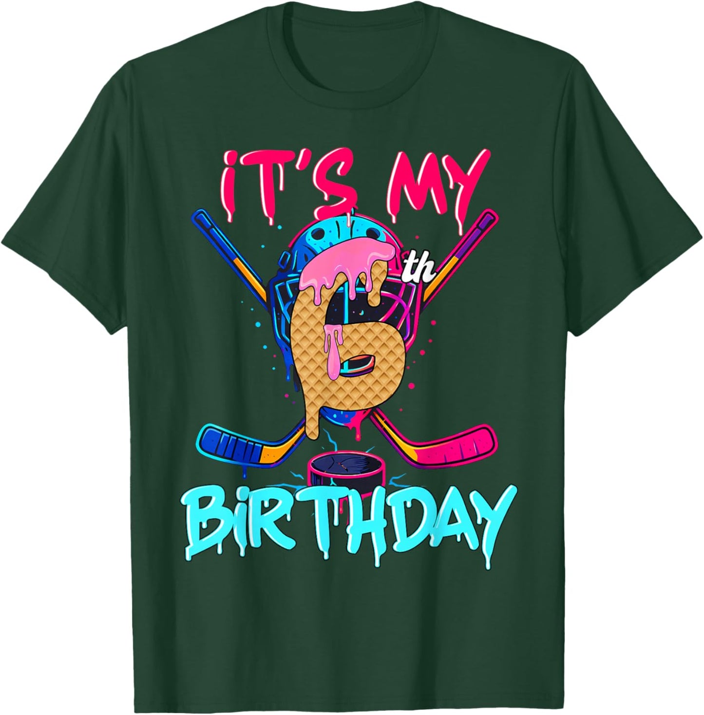 Hockey Ice Cream Drip It's My 6th Birthday Number 06 Player T-Shirt - T-Shirt | Forest