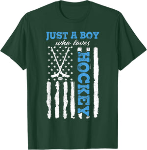 Just A Boy Who Loves Hockey USA Flag Ice Hockey Boys Kids T-Shirt - T-Shirt | Forest
