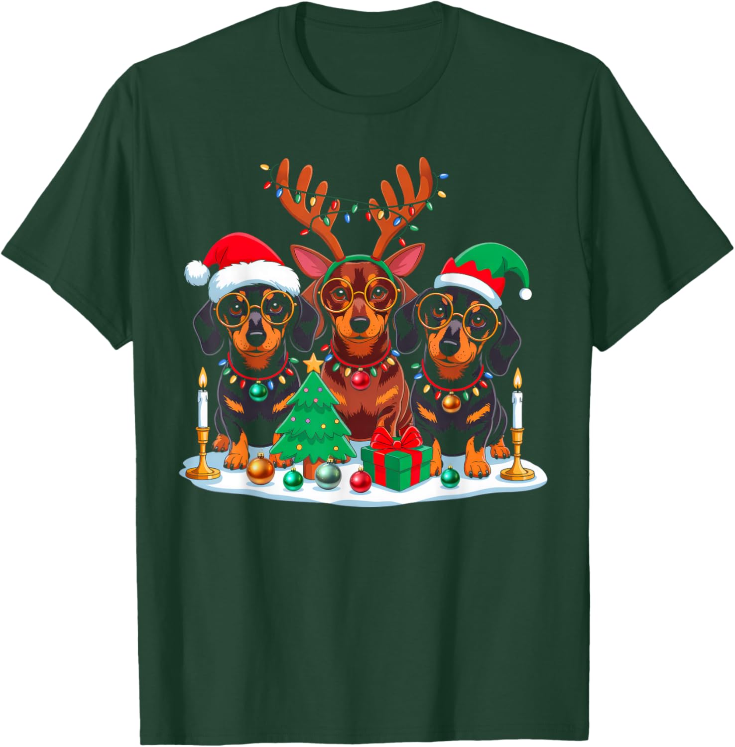 Dachshund Dog Christmas Lights Santa Hat Xmas Dog Lover T-Shirt - T-Shirt | Forest