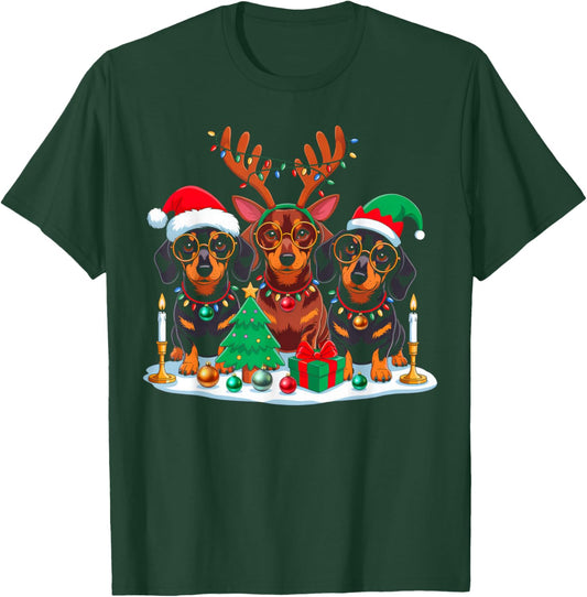 Dachshund Dog Christmas Lights Santa Hat Xmas Dog Lover T-Shirt - T-Shirt | Forest