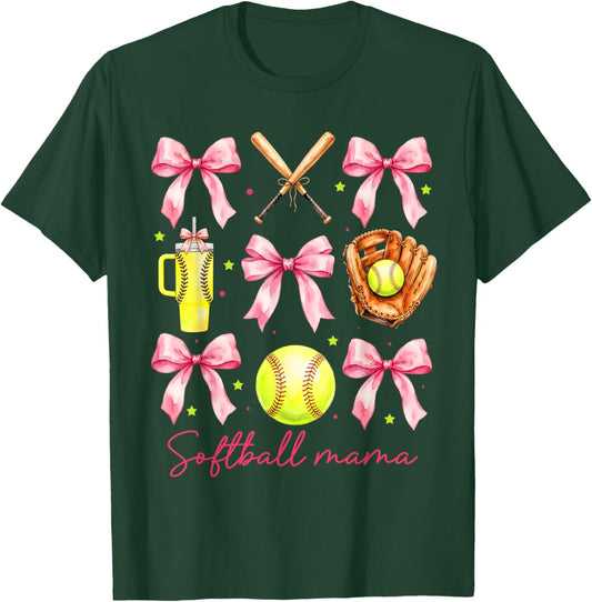 Softball Mama Coquette Bow Cheer Mom Mother's Day Game Day T-Shirt - T-Shirt | Forest