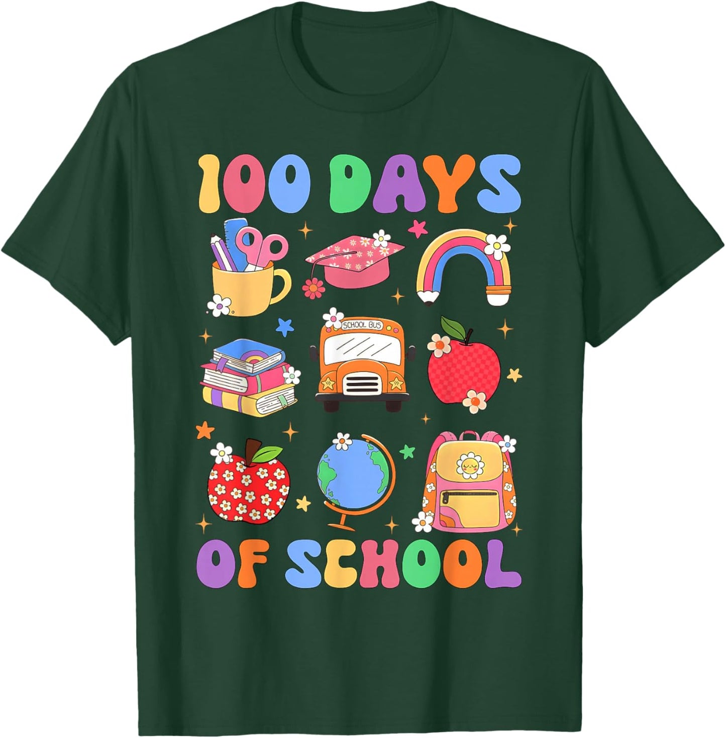 Happy 100 Days of School Cute Pencil Apple Boy Girl Teacher T-Shirt - T-Shirt | Forest