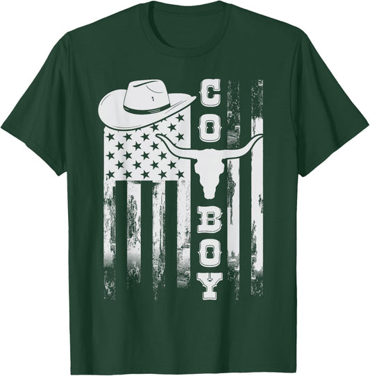 Western Country US Flag Cowboy Howdy Patriotic Rodeo Lover T-Shirt - T-Shirt | Forest