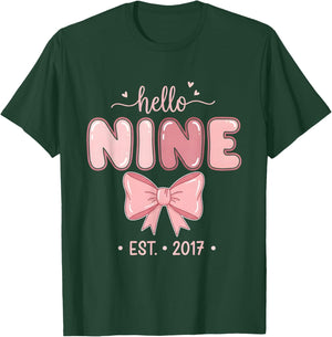 Hello Nine Est. 2017 Coquette Bow 9th Birthday Girl T-Shirt - T-Shirt | Forest