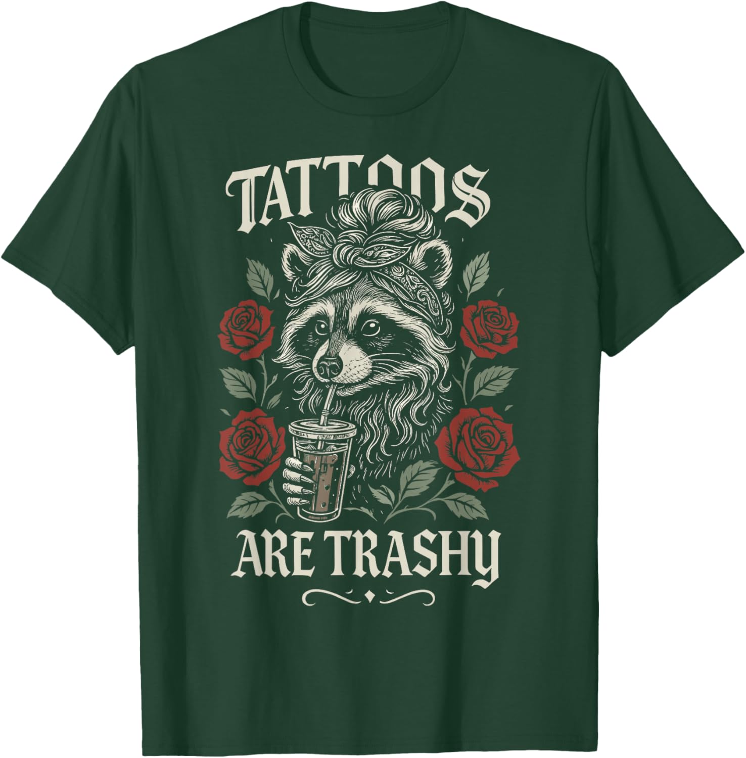 Funny Tattoo Raccoon Trash Panda Design Retro Inked Animal T-Shirt - T-Shirt | Forest