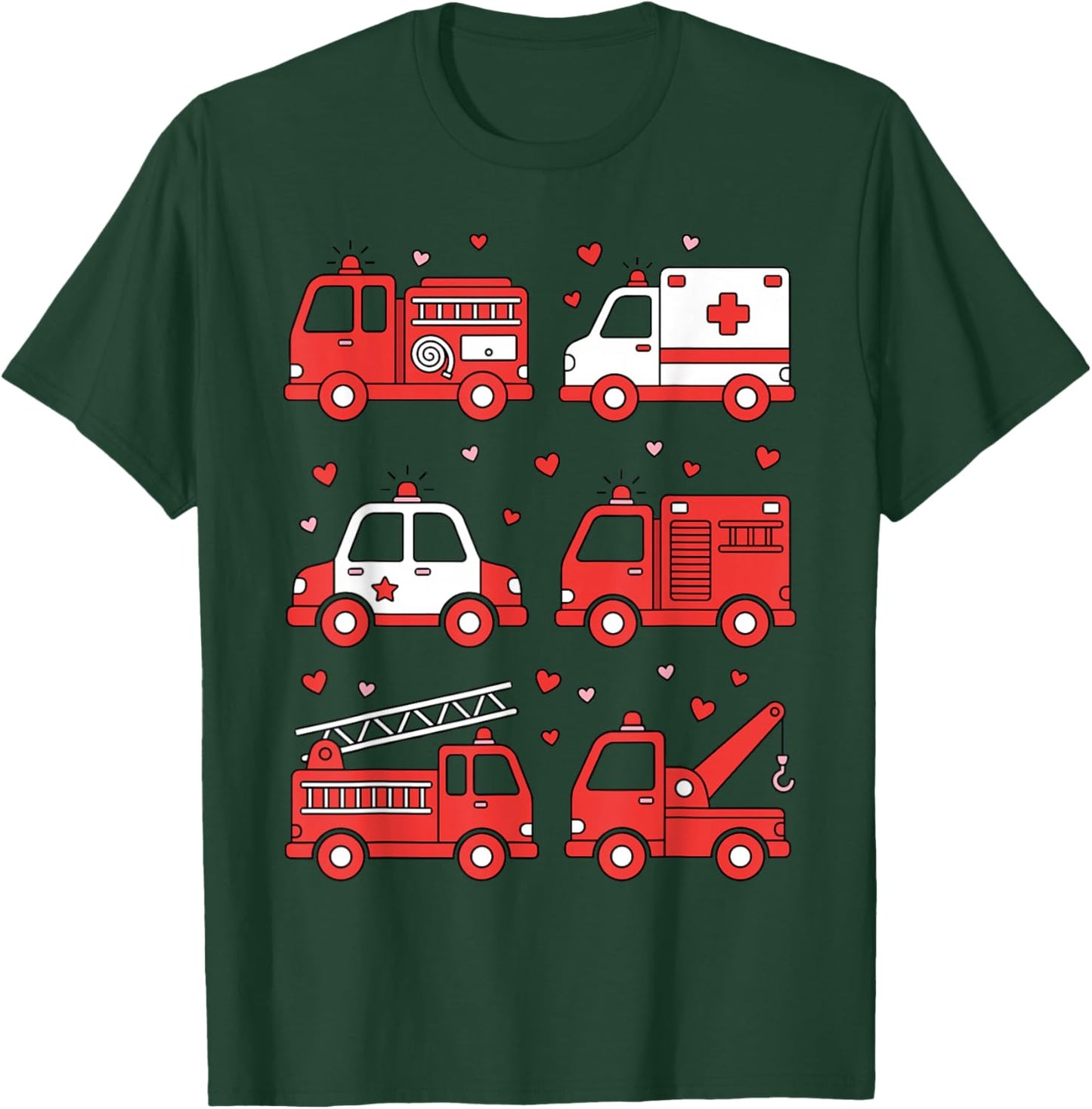 Emergency Vehicles Design Boys Fire Truck Police Valentines T-Shirt - T-Shirt | Forest