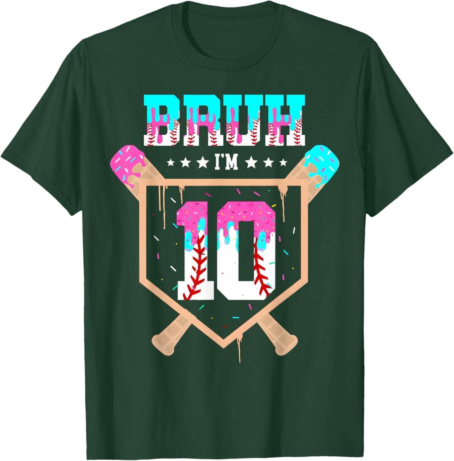 Baseball 10 Year Old Ice Cream Drip 10th Birthday Boy Player T-Shirt - T-Shirt | Forest