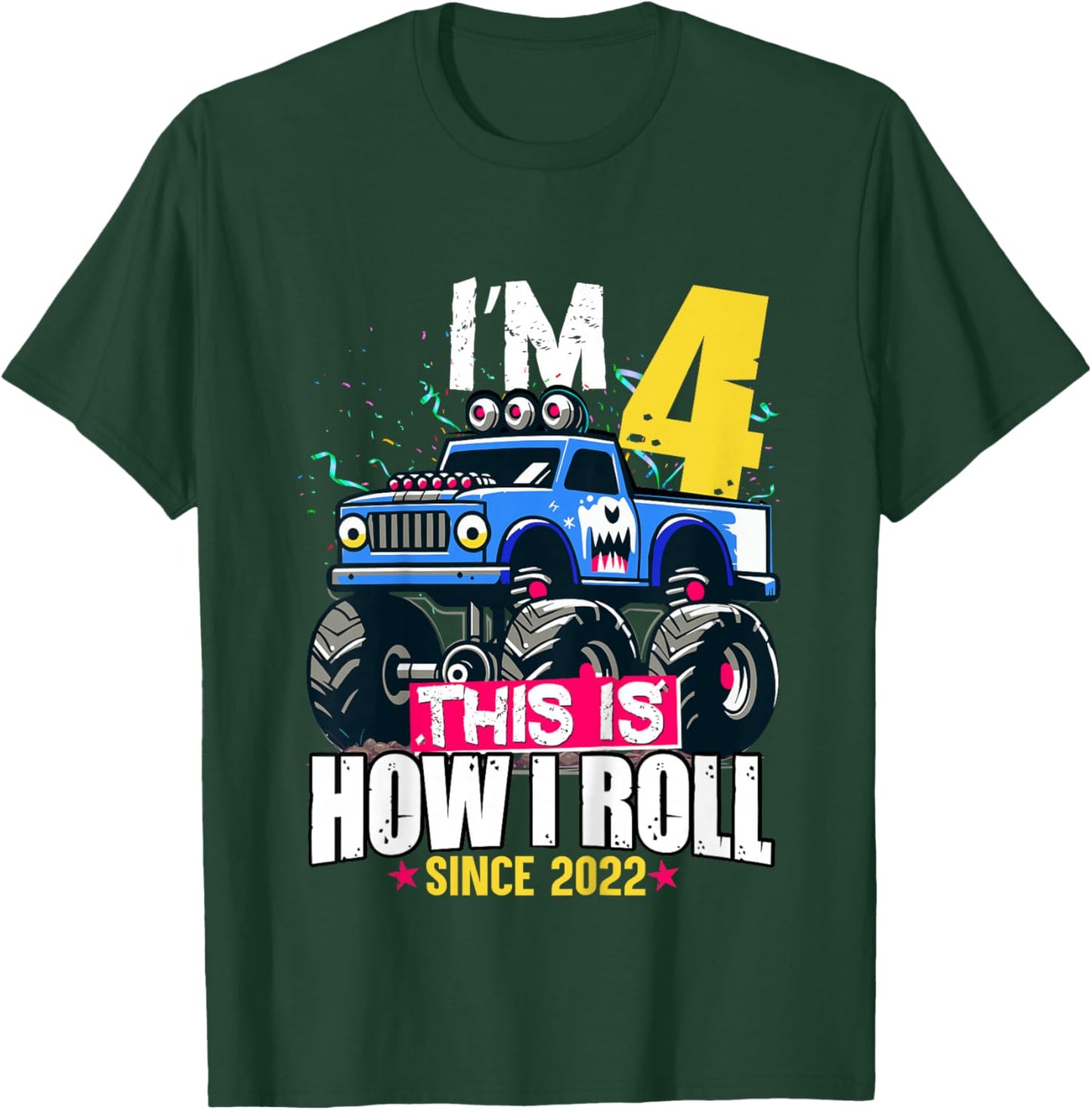 Kids Cute 4th Birthday Truck Turning 4 Years Old Boy Born in 2022 T-Shirt - T-Shirt | Forest