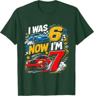 Kids I was 6 Now Im 7 Race Cars Six Seven Meme 7th Birthday T-Shirt - T-Shirt | Forest