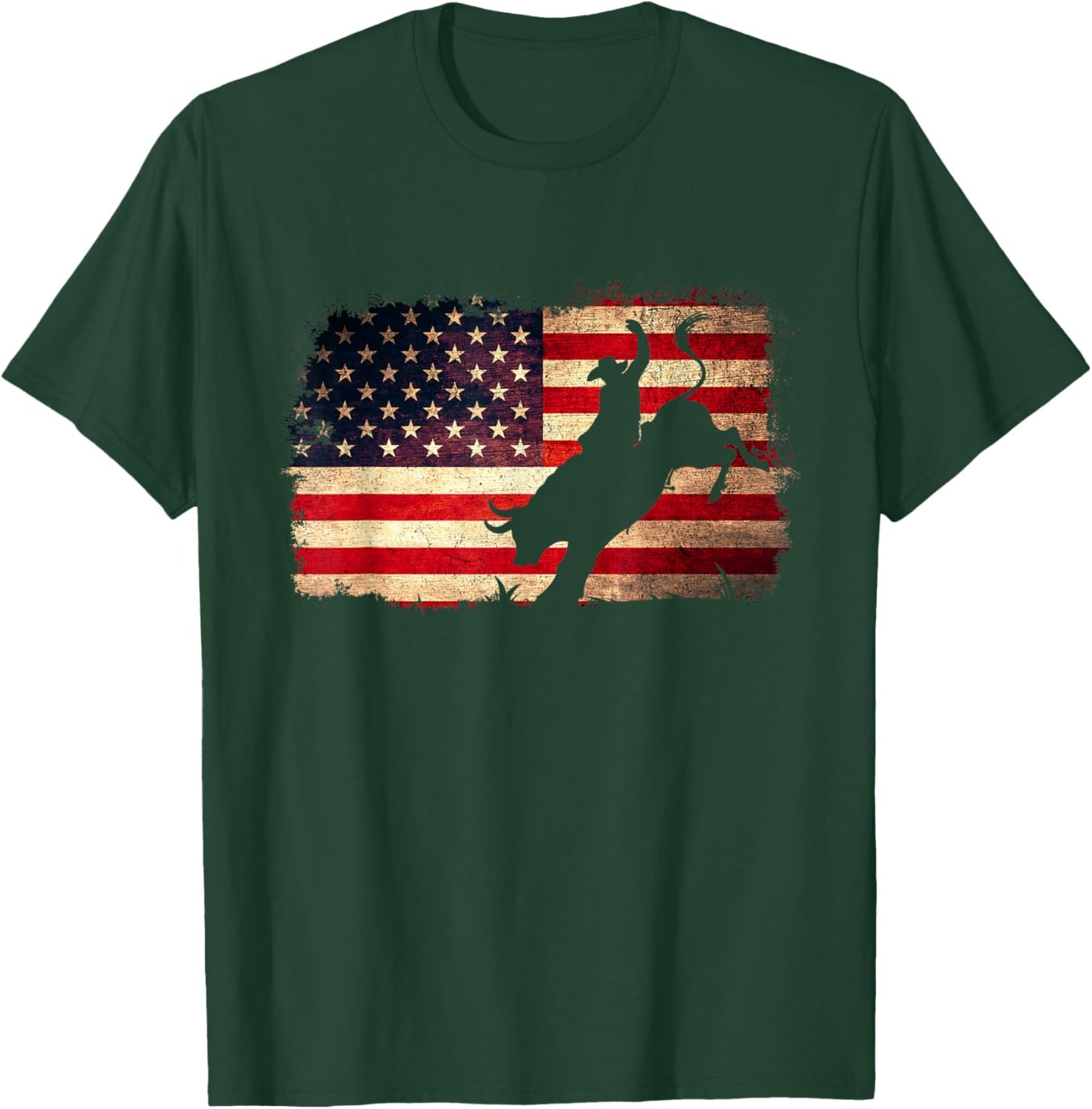 Rodeo Cowboy Bull Rider Western Country Patriotic USA Flag T-Shirt - T-Shirt | Forest