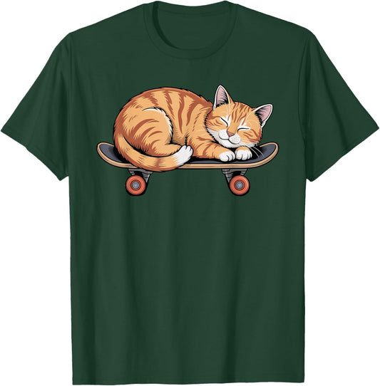 Funny Orange Cat Sleeping On A Skateboard Skateboarding T-Shirt - T-Shirt | Forest