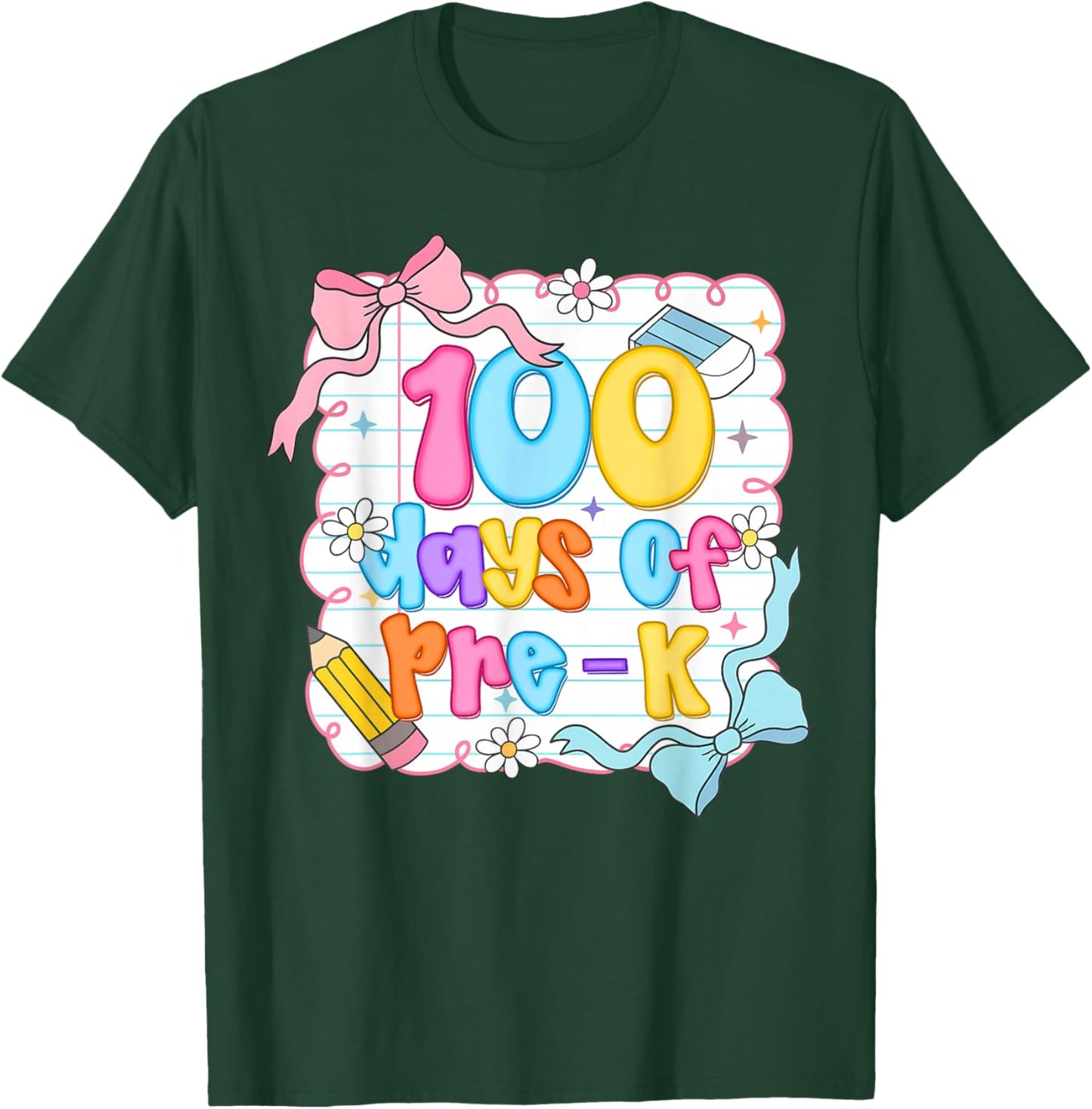 Preppy 100 Days of Pre-K Teacher Kids Coquette Bow T-Shirt - T-Shirt | Forest