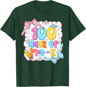 Preppy 100 Days of Pre-K Teacher Kids Coquette Bow T-Shirt - T-Shirt | Forest