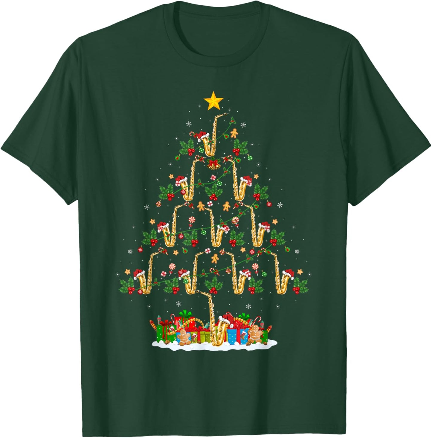 Saxophone Christmas Tree Lights Funny Jazz Music Lover Xmas T-Shirt - T-Shirt | Forest