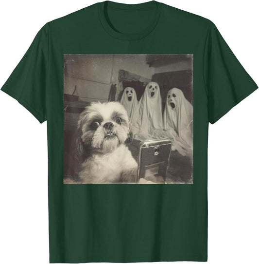 Shih Tzu Selfie with Ghosts Funny Halloween Retro Dog T-Shirt - T-Shirt | Forest
