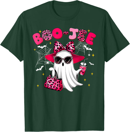 Cute Boo JEE Ghost Halloween Pink Leopard Bow Ghost T-Shirt - T-Shirt | Forest
